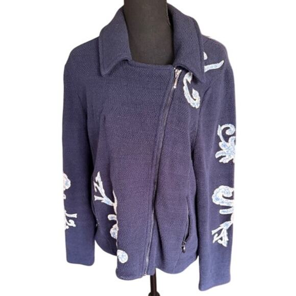 Chico’s 2 Navy Blue Embroidered Zip Jacket Textured Cotton Blend - Picture 2 of 7